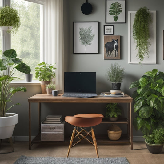 A tidy home office with a desk, chair, and minimalist decor, featuring a laptop and tablet displaying organized digital files, surrounded by neatly labeled folders and a few potted plants.