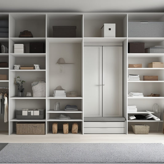 A minimalist, monochromatic illustration of a clutter-free, compact apartment with a Murphy bed, hidden storage ottoman, and a floor-to-ceiling shelving unit with neatly stacked boxes and baskets.