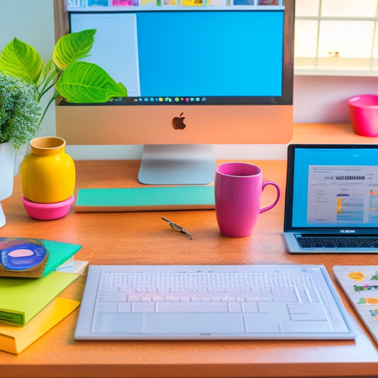 A tidy, modern desk with a laptop, a cup of steaming coffee, and a colorful array of printables, including a daily planner, to-do list, and habit tracker, all neatly organized and pinned to a corkboard.