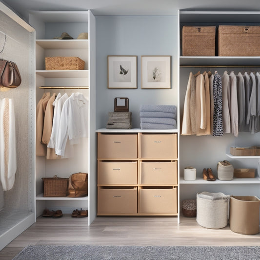 A clutter-free, minimalist closet with soft, warm lighting, featuring a mix of open shelves, drawers, and hanging rods, with baskets, bins, and a few stylishly arranged clothing items.