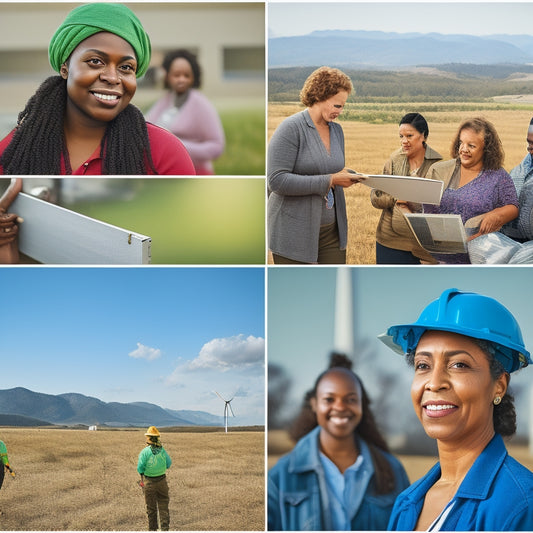 A diverse group of people, including women and people of color, in various clean energy settings, such as wind farms, solar panels, and electric vehicle charging stations, engaged in training and working together.