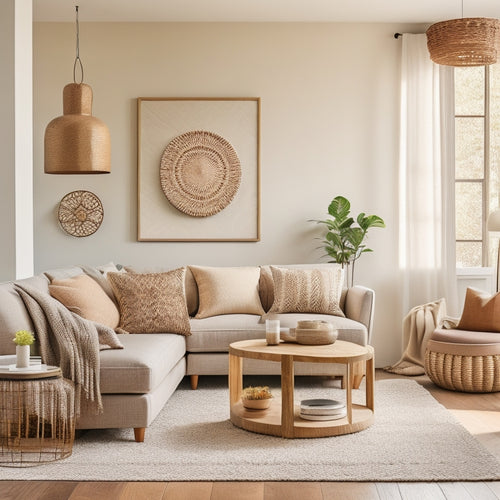 A minimalist, light-filled living room with a plush sectional sofa in a neutral tone, surrounded by a mix of modern and bohemian-inspired accents, including macrame wall hangings, woven baskets, and geometric-patterned throw pillows.