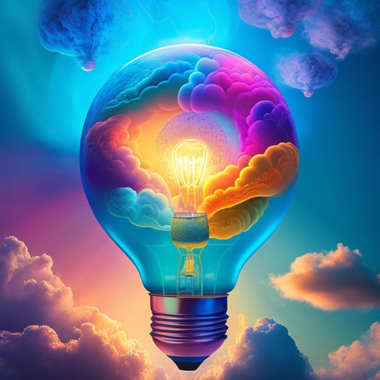 An illustration of a person's head, with a glowing lightbulb inside, surrounded by colorful, swirling clouds and threads, connecting various shapes and icons, symbolizing ideas and concepts.