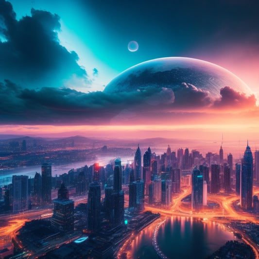 A futuristic cityscape at dusk with sleek skyscrapers and neon lights, featuring a large, glowing cloud at the center, with swirling mist and circuit board patterns, surrounded by orbiting spheres.