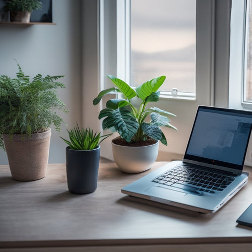 A tidy, minimalist workspace with a sleek laptop, a small potted plant, and a few neatly arranged office supplies, surrounded by a subtle, blurred background of a cluttered desk.