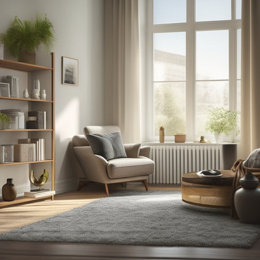 A serene, minimalist living room with a few, carefully placed decorative items, a tidy bookshelf, and a plush area rug, illuminated by natural light pouring through a large window.