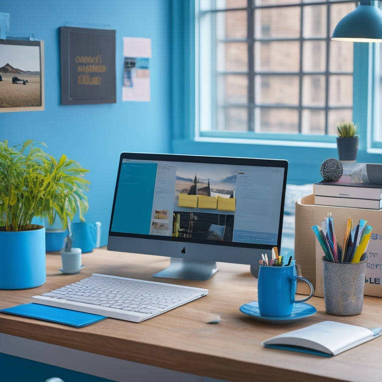 A clutter-free desk with a laptop, surrounded by organized virtual sticky notes, a digital calendar, and a minimalist virtual bookshelf, set against a soft, calming blue background.