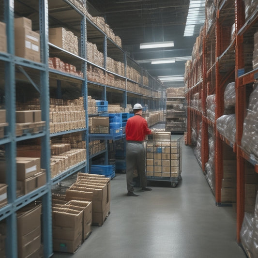 A photograph of a warehouse with labeled sections, showcasing a tidy and organized inventory system, with color-coded bins and shelves, and a worker in the background scanning a barcode.