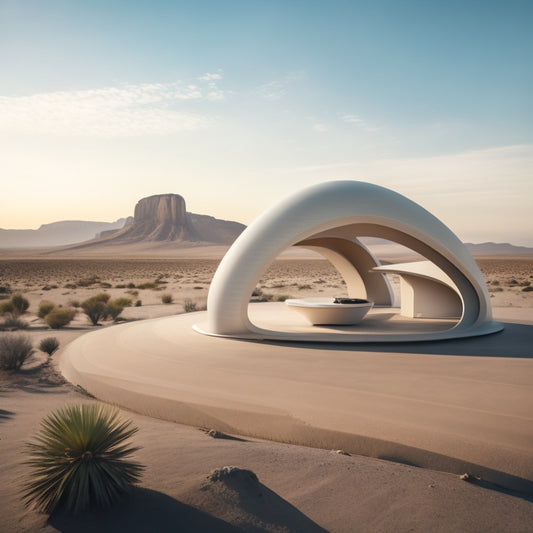 A futuristic, curved 3D-printed concrete structure rising from a California desert landscape, with a sleek, modern cityscape in the background and a drone flying overhead.