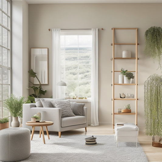 A serene, minimalist living room with a wall-mounted, sliding ladder accessing compact, stackable storage units in a soft, calming color palette, surrounded by lush greenery and natural light.