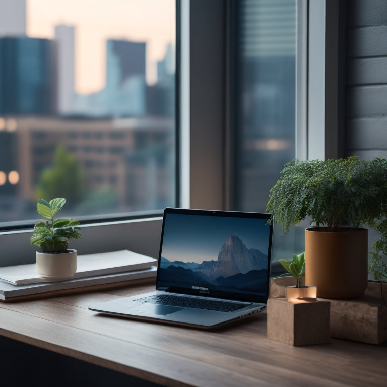 A serene, minimalist workspace with a tidy laptop, a few neatly arranged notebooks, and a small potted plant on a wooden desk, surrounded by a calm, blurred-out cityscape.