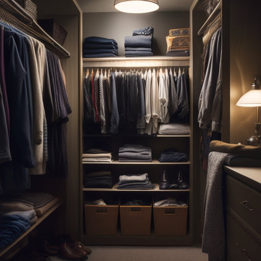 A dimly lit, cluttered closet with clothes spilling out, contrasted with a bright, organized closet featuring shelves, bins, and a clothes organizer system, highlighting the transformation.