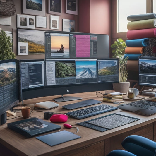 A cluttered digital workspace with multiple screens, tangled cords, and scattered papers, transformed into a serene and organized space with a central calendar hub, colorful tabs, and neatly arranged devices.