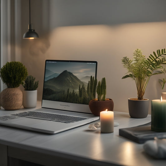 A serene minimalist room with a single desk, a potted plant, and a laptop displaying a calming nature scene, surrounded by candles and a few carefully placed crystals.