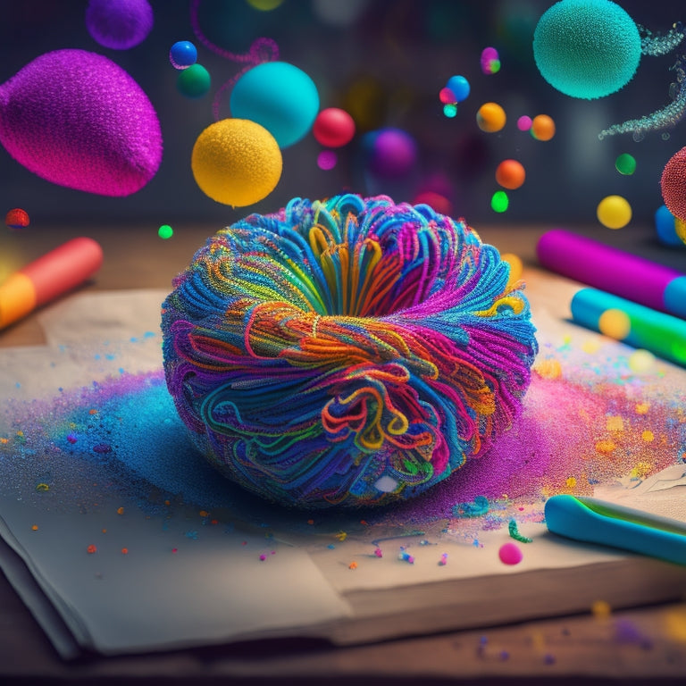 A vibrant, swirling vortex of colorful threads and nodes, radiating from a central hub, with bursting bubbles of light and ideas, surrounded by scattered paper scraps, pens, and a subtle brain silhouette in the background.