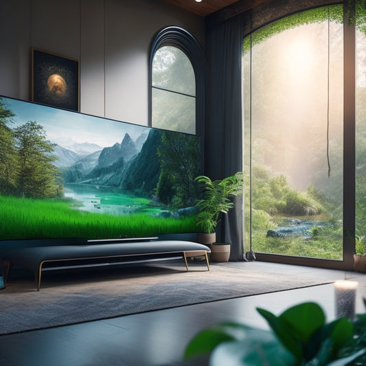 A serene, modern living room with a sleek, curved gaming desk, surrounded by lush greenery, ambient string lights, and a massive, floor-to-ceiling screen displaying a vibrant, fantasy gaming landscape.