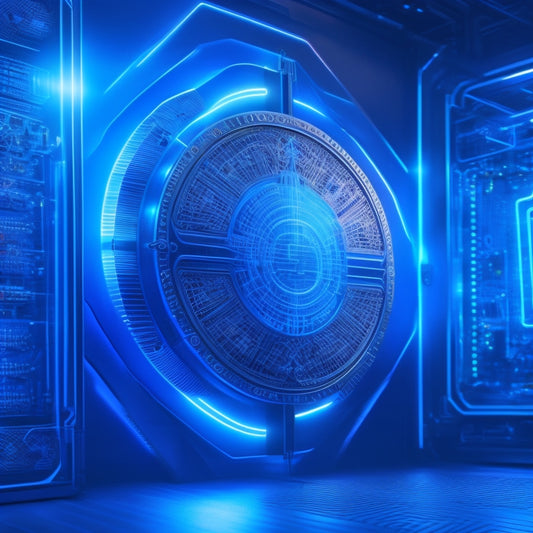A futuristic, high-tech background with glowing blue circuits and wires, featuring a large, metallic PDF icon with a shield emblem on it, surrounded by smaller, orbiting locks and keys.