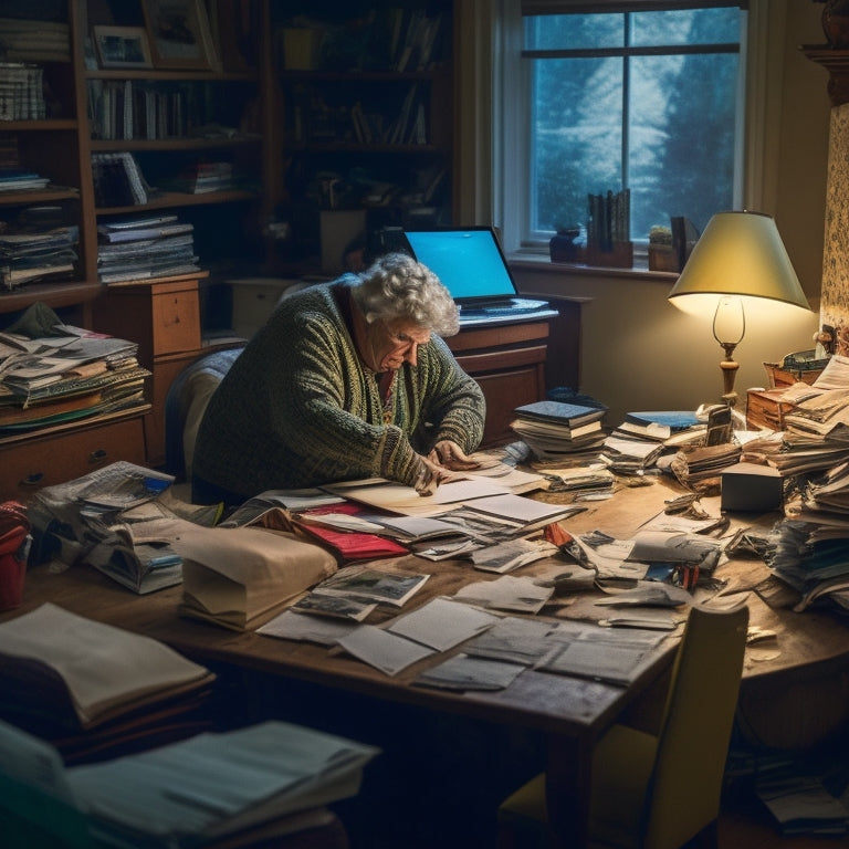 A cluttered, dimly lit senior's living room with piles of papers, scattered belongings, and a overwhelmed senior in the center, surrounded by chaos, with a faint outline of a laptop and a hint of organization in the corner.