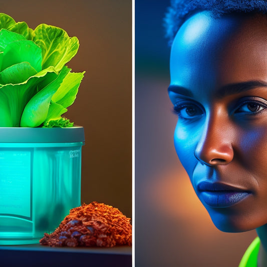 A split-screen image: a vibrant, crisp head of lettuce and a wilted, brown one, contrasted with a futuristic, sleek container in the background, covered in tiny, glowing blue squares.