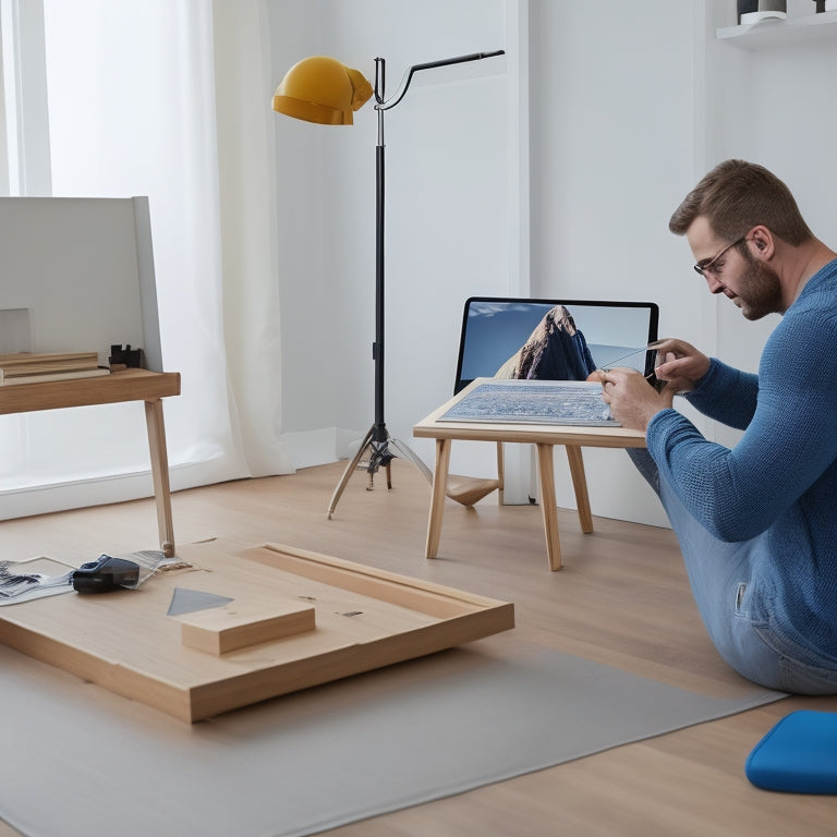 An illustration of a person effortlessly assembling a piece of furniture, surrounded by minimalistic instructions and a tablet playing a tutorial video, set against a clean, white background.
