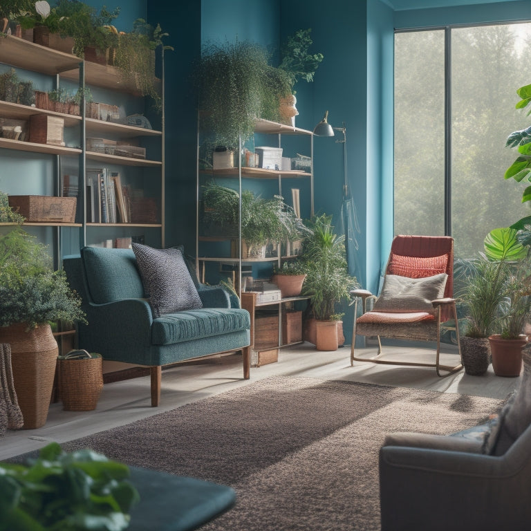 An image depicting a serene, well-lit living room with a wheelchair-accessible pathway, clutter-free shelves, and a few carefully placed, colorful storage bins, surrounded by lush green plants.