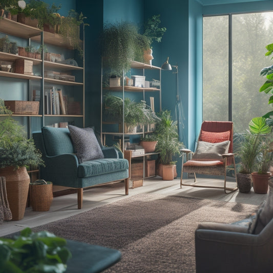 An image depicting a serene, well-lit living room with a wheelchair-accessible pathway, clutter-free shelves, and a few carefully placed, colorful storage bins, surrounded by lush green plants.