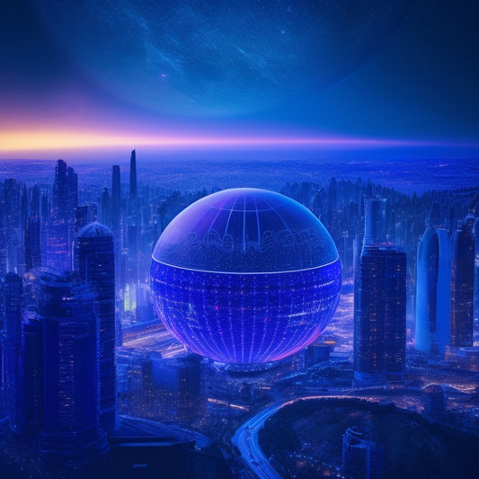 A futuristic cityscape with sleek skyscrapers, interconnected by glowing blue circuits, surrounded by orbiting data spheres and swirling clouds of 1s and 0s, set against a deep purple night sky.