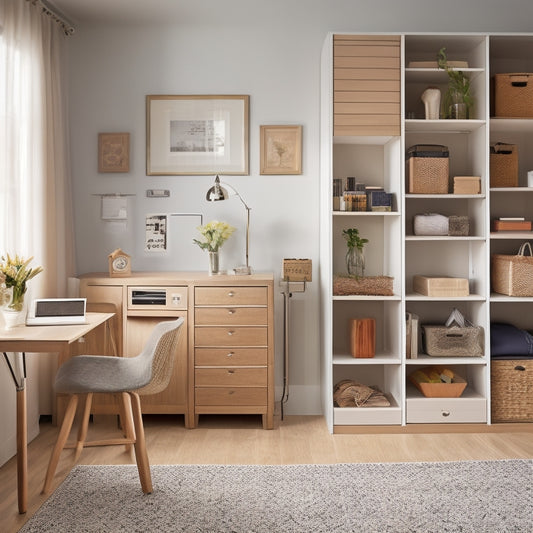 A tidy studio apartment with a Murphy bed, foldable desk, and a multi-tiered shelving unit, featuring woven baskets, stacked storage cubes, and a few cleverly hidden compartments.