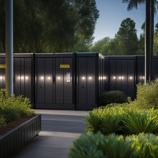 A modern, sleek storage facility with rows of clean, well-lit units, security cameras, and a digital lock system, surrounded by a sturdy fence and lush greenery.