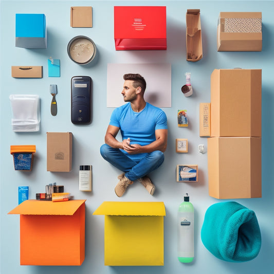 A colorful, clutter-free illustration of a person surrounded by Amazon boxes, containing a variety of daily essentials like toiletries, coffee, and a smartphone, on a clean white background.