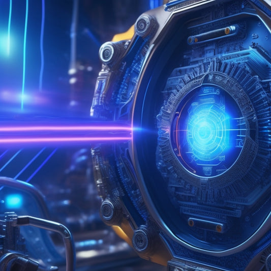 A futuristic, metallic-colored gearbox with glowing blue circuits and wires, surrounded by orbiting code symbols and gears, with a subtle Magento-inspired color scheme in the background.