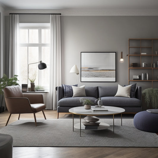 A minimalist, modern living room with a laptop on a coffee table, surrounded by scattered interior design books and inspirational room layouts on the walls.