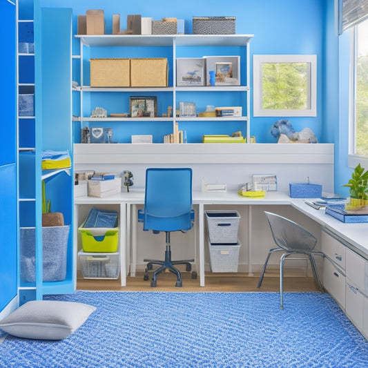 A clutter-free dorm room with a compact, multi-tiered shelving unit, a labeled storage bin, and a retractable desk organizer, all in a calming blue and white color scheme.