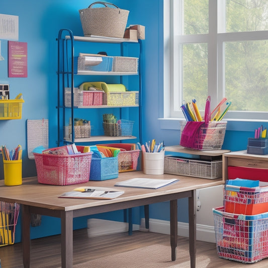 A clutter-free room with a desk featuring a color-coded file organizer, a stack of labeled baskets, and a wall-mounted calendar with multicolored markers and a set of neatly arranged pens and pencils.