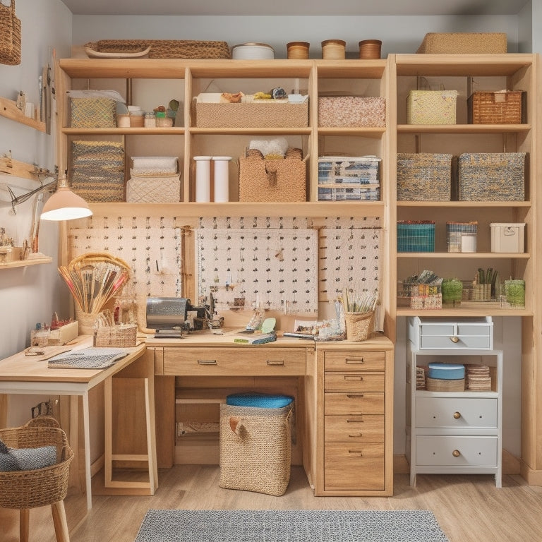 A clutter-free, well-lit craft room with a bespoke shelving unit, featuring wooden crates and woven baskets, surrounded by a pegboard with hanging craft tools and a built-in desk with a sewing machine.