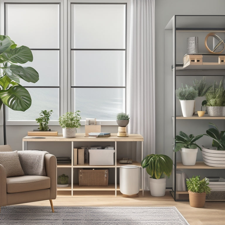 A minimalist illustration of a tidy living room with a laptop and smartphone on a coffee table, surrounded by organized storage bins, a decluttered bookshelf, and a few carefully placed houseplants.