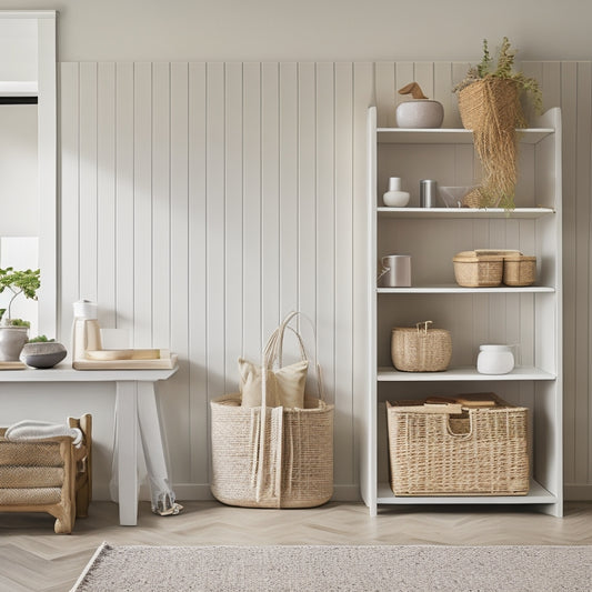 A tidy, minimalist home interior with a few clever storage solutions: a woven basket under a sleek coffee table, a hanging shoe organizer on a door, and a set of stackable plastic bins on a shelf.