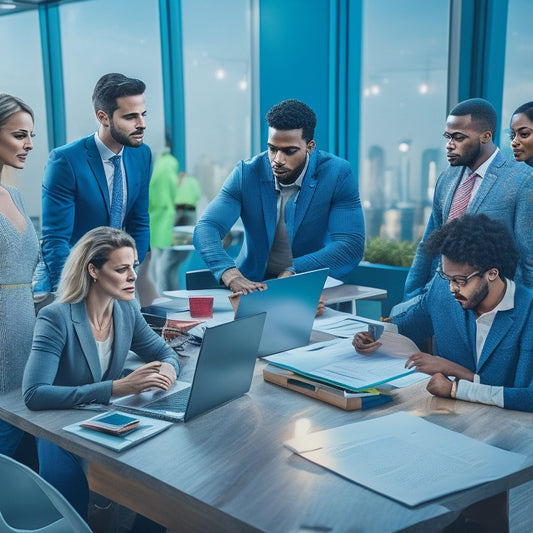 An illustration of a group of diverse, modern coworkers standing around a large, circular table with laptops and tablets open, surrounded by colorful sticky notes and diagrams, with a subtle cityscape background.