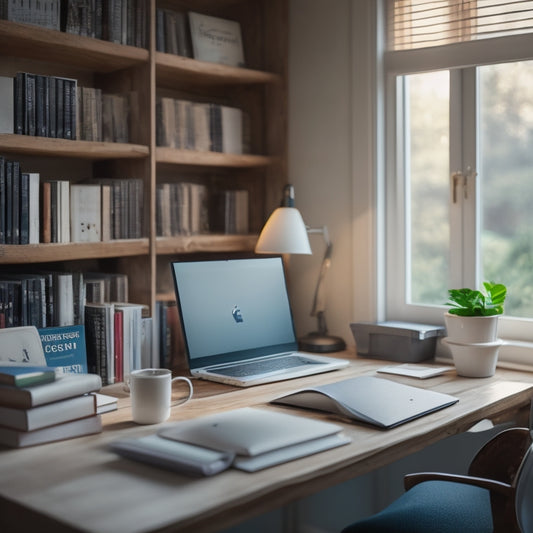 A serene, minimalist workspace with a laptop and a few neatly arranged books, surrounded by a subtle, faded background of cluttered shelves and messy desks, with a warm, natural light glow.
