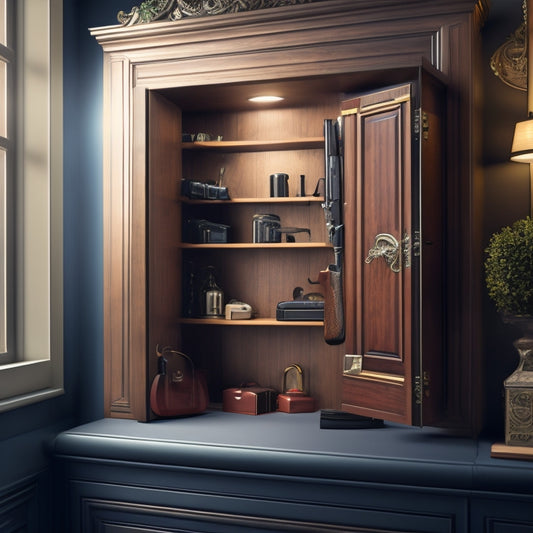 An illustration of a locked gun cabinet with an open door, revealing a handgun on a shelf, with a subtle hint of a house or home in the background, conveying a sense of safety and responsibility.