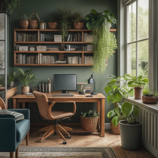 A serene, well-lit home office with a wooden desk, ergonomic chair, and a few green plants, surrounded by organized shelves, a large window, and a subtle motivational wallpaper.