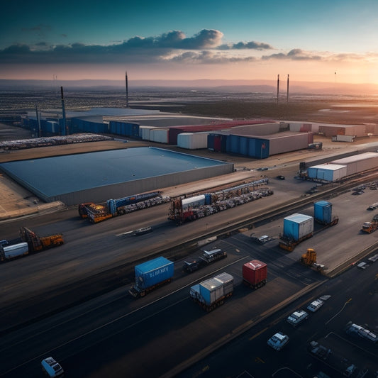 A futuristic, aerial depiction of a sprawling cold storage facility amidst a bustling industrial landscape, with cranes, containers, and semi-trucks moving in the foreground.