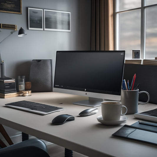 A tidy, modern workspace with a sleek laptop and a few, carefully placed office supplies, surrounded by a subtle, blurred background of digital folders and files on a screen.