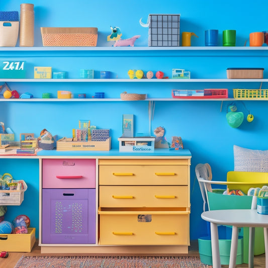 A clutter-free, well-lit room with a minimalist desk, labeled storage bins, and a colorful pegboard displaying organized hooks, baskets, and a few playful, fidget-friendly toys.