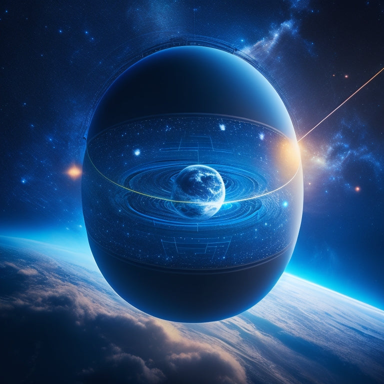 A futuristic, high-tech illustration depicting a stylized satellite in orbit, surrounded by swirling patterns of signal waves, with sleek, angular lines and neon blue accents, set against a dark, starry night sky.