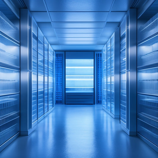 A futuristic, minimalist storage room with sleek, silver shelves and rows of transparent, glowing blue tubes containing rolled-up blueprints, illuminated by soft, ambient lighting.