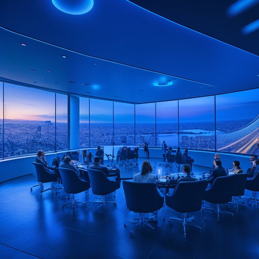A futuristic conference hall with a large, curved screen displaying a cityscape at dusk, surrounded by sleek, minimalist booths and attendees in business attire, with robots and holographic projections.
