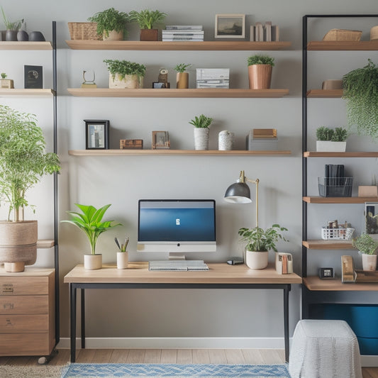 A tidy, modern home office with a desk, laptop, and multiple screens displaying organization apps, surrounded by neat shelves and storage bins, with a few plants and a minimalist clock on the wall.