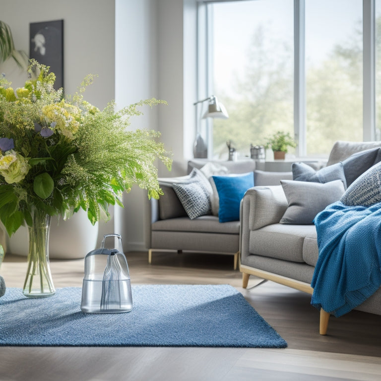 A bright, airy living room with a mix of decluttered and cluttered areas, a vacuum cleaner and cleaning supplies in the foreground, and a few blooming flowers or a vase with greenery on a nearby table.