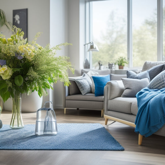 A bright, airy living room with a mix of decluttered and cluttered areas, a vacuum cleaner and cleaning supplies in the foreground, and a few blooming flowers or a vase with greenery on a nearby table.